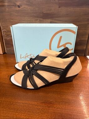 Life Stride Beige and Black Strappy Wedge Sandals with Knot Detail
